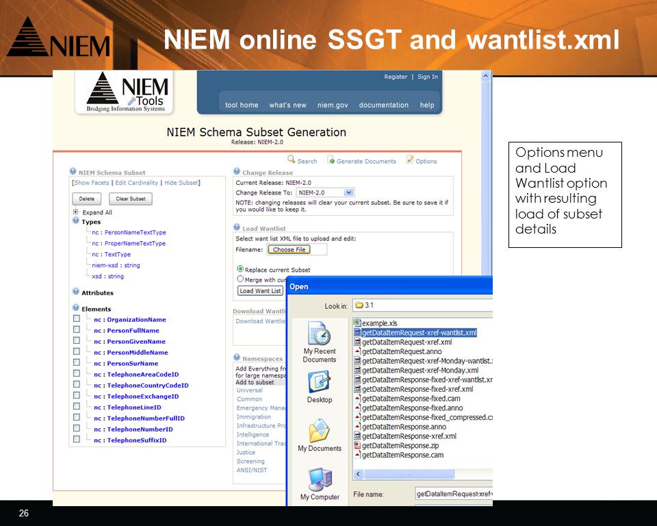 26 NIEM online SSGT and wantlist.xml Options menu and Load Wantlist option with resulting load of subset details