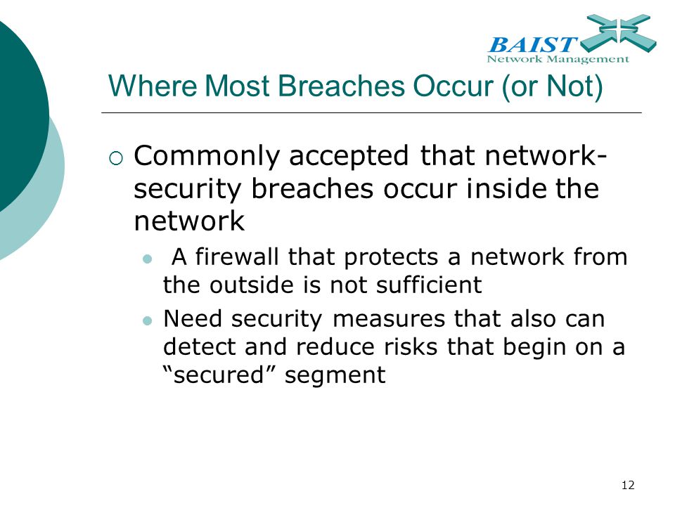 12 Where Most Breaches Occur (or Not)  Commonly accepted that network- security breaches occur inside the network A firewall that protects a network from the outside is not sufficient Need security measures that also can detect and reduce risks that begin on a secured segment