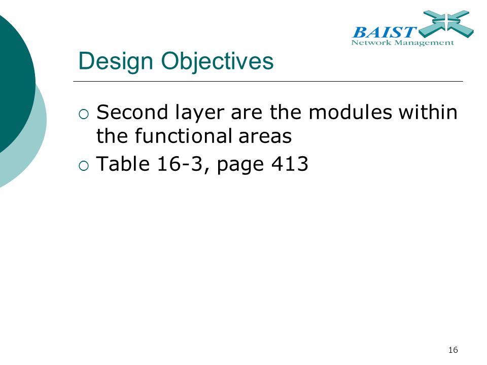 16 Design Objectives  Second layer are the modules within the functional areas  Table 16-3, page 413