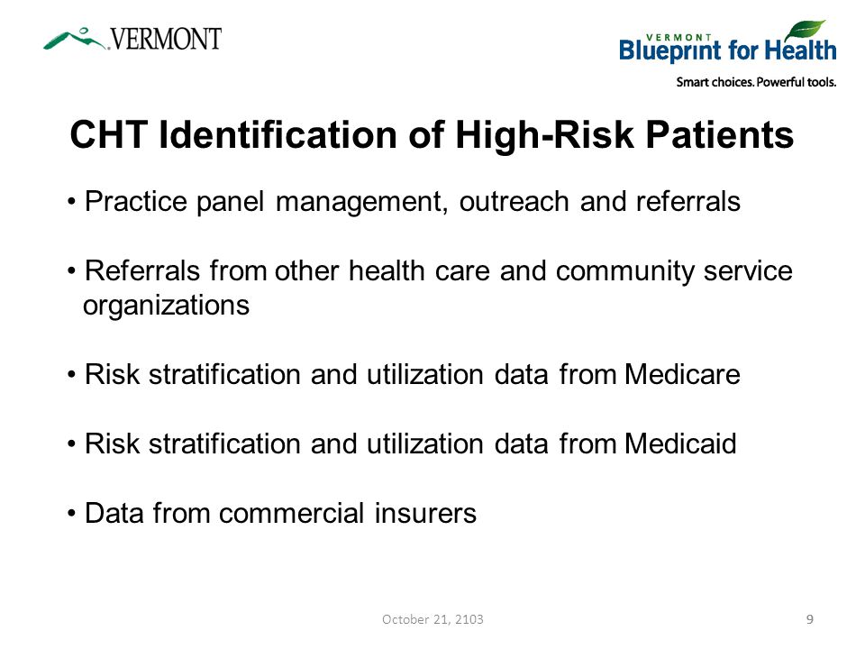 99 CHT Identification of High-Risk Patients Practice panel management, outreach and referrals Referrals from other health care and community service organizations Risk stratification and utilization data from Medicare Risk stratification and utilization data from Medicaid Data from commercial insurers 9October 21, 2103