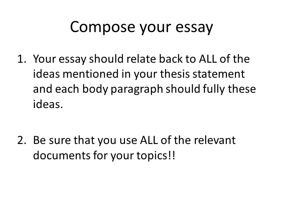 Compose your essay 1.Your essay should relate back to ALL of the ideas mentioned in your thesis statement and each body paragraph should fully these ideas.