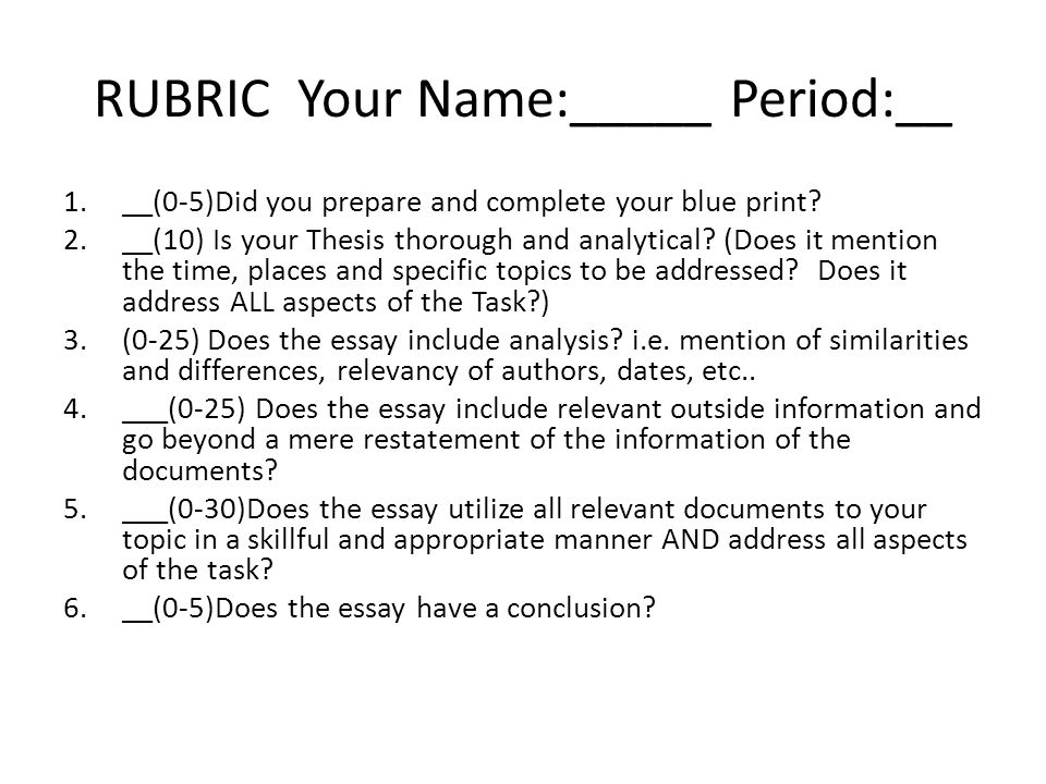 RUBRIC Your Name:_____ Period:__ 1.__(0-5)Did you prepare and complete your blue print.