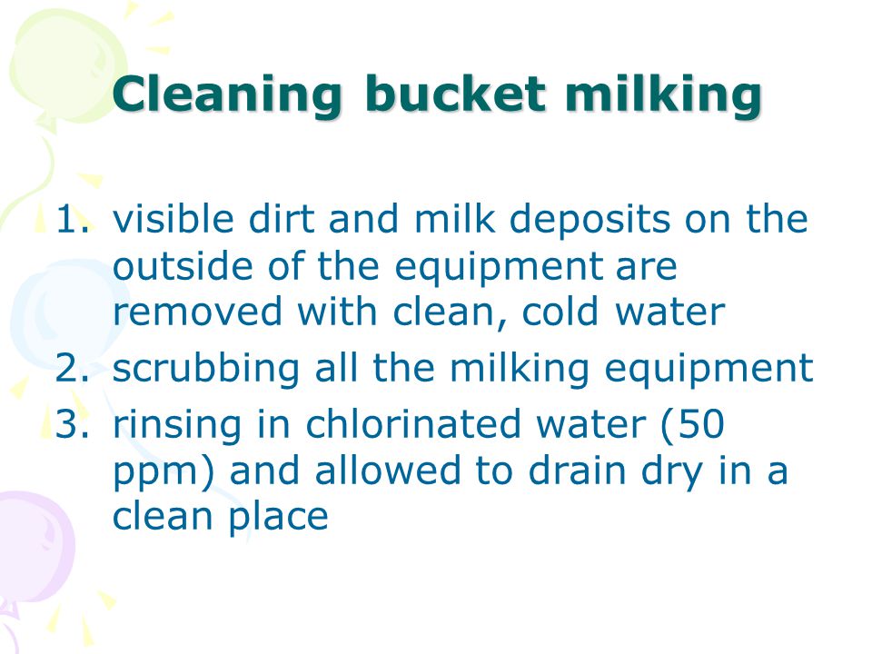 Cleaning bucket milking 1.visible dirt and milk deposits on the outside of the equipment are removed with clean, cold water 2.scrubbing all the milking equipment 3.rinsing in chlorinated water (50 ppm) and allowed to drain dry in a clean place