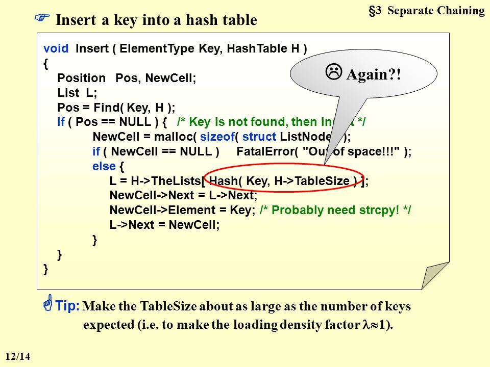§3 Separate Chaining  Find a key from a hash table Position Find ( ElementType Key, HashTable H ) { Position P; List L; L = H->TheLists[ Hash( Key, H->TableSize ) ]; P = L->Next; while( P != NULL && P->Element != Key ) /* Probably need strcmp */ P = P->Next; return P; } Your hash function Identical to the code to perform a Find for general lists -- List ADT 11/14