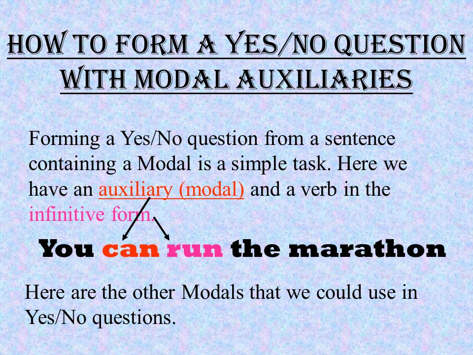 Using other auxiliaries (Modals) in Yes/No Questions Another kind of auxiliaries we use for making Yes/No questions are MODALS.