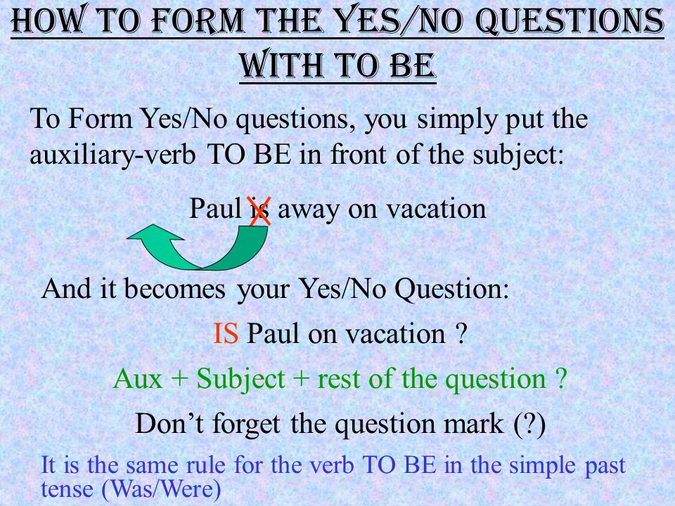 The Auxiliaries In a Yes/No Question, the auxiliaries are very important.