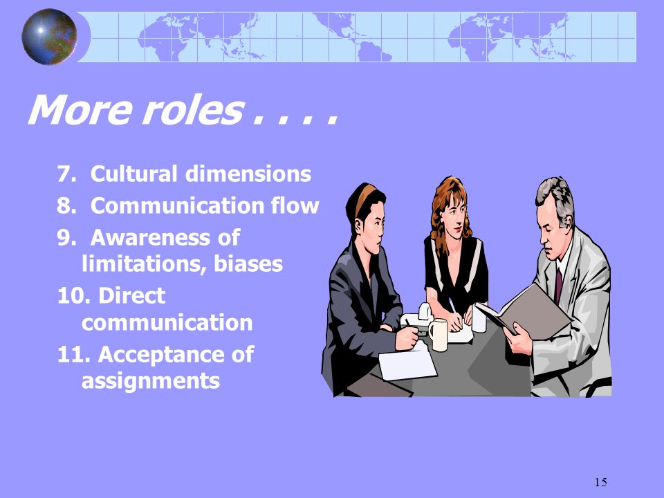 15 More roles Cultural dimensions 8. Communication flow 9.