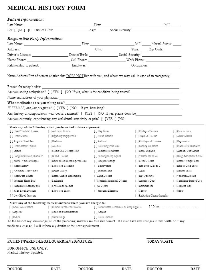 medical history form patient information last name first m i