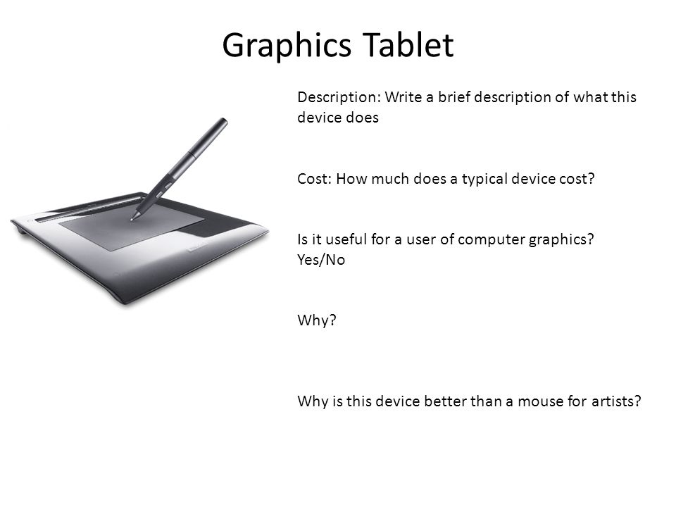 Graphics Tablet Description: Write a brief description of what this device does Cost: How much does a typical device cost.