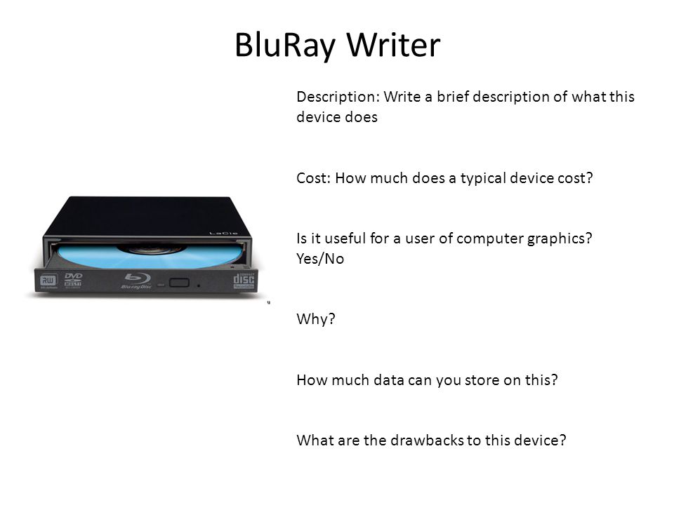 BluRay Writer Description: Write a brief description of what this device does Cost: How much does a typical device cost.