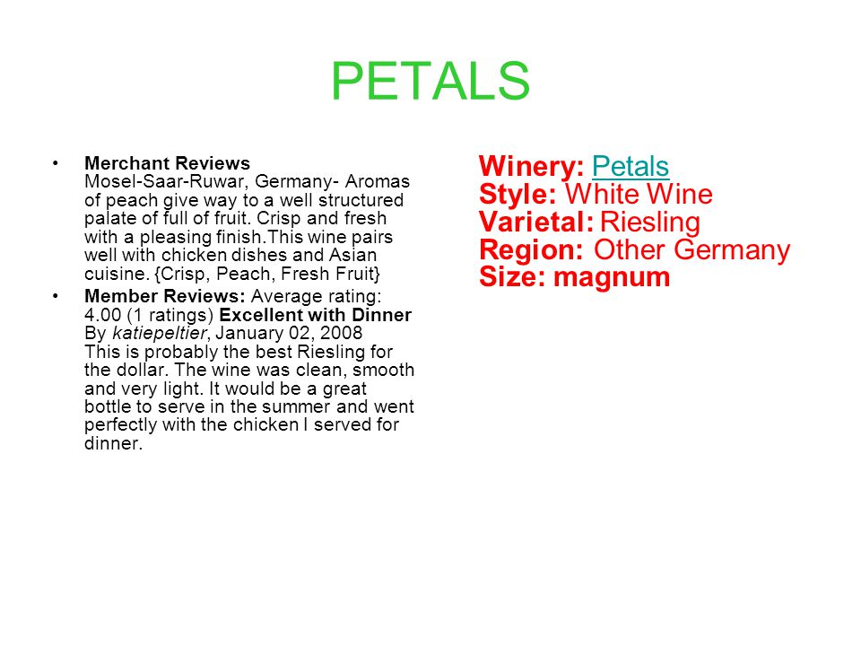 Merchant Reviews Mosel-Saar-Ruwar, Germany- Aromas of peach give way to a well structured palate of full of fruit.
