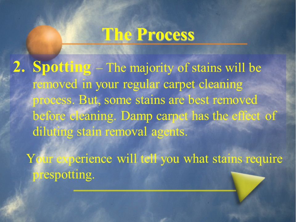 The Process 2.Spotting – The majority of stains will be removed in your regular carpet cleaning process.
