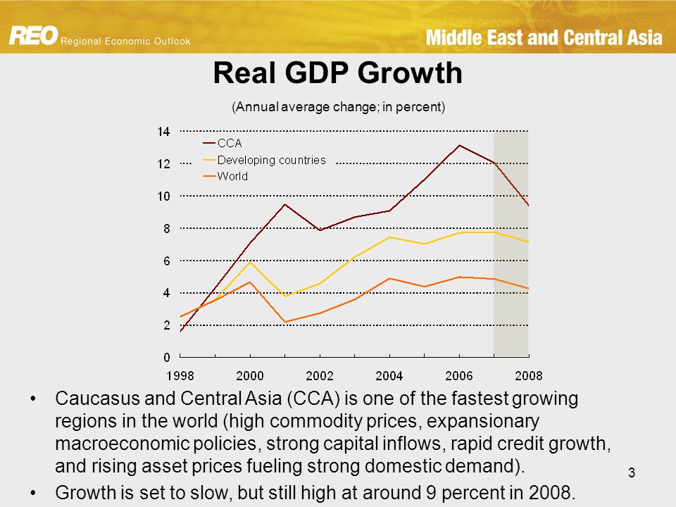 3 Real GDP Growth (Annual average change; in percent) Caucasus and Central Asia (CCA) is one of the fastest growing regions in the world (high commodity prices, expansionary macroeconomic policies, strong capital inflows, rapid credit growth, and rising asset prices fueling strong domestic demand).