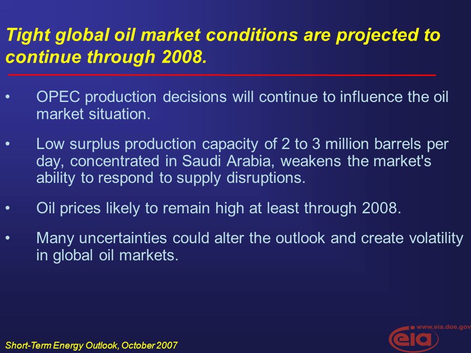 Short-Term Energy Outlook, October 2007 Tight global oil market conditions are projected to continue through 2008.