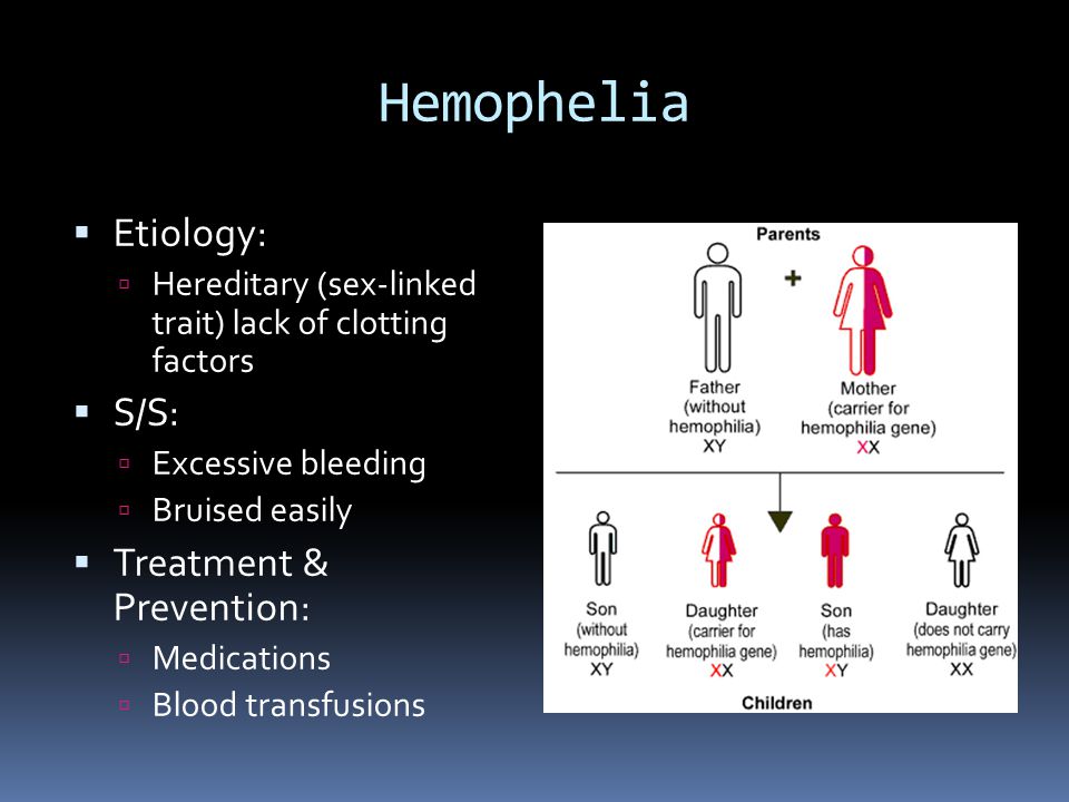 Hemophelia  Etiology:  Hereditary (sex-linked trait) lack of clotting factors  S/S:  Excessive bleeding  Bruised easily  Treatment & Prevention:  Medications  Blood transfusions