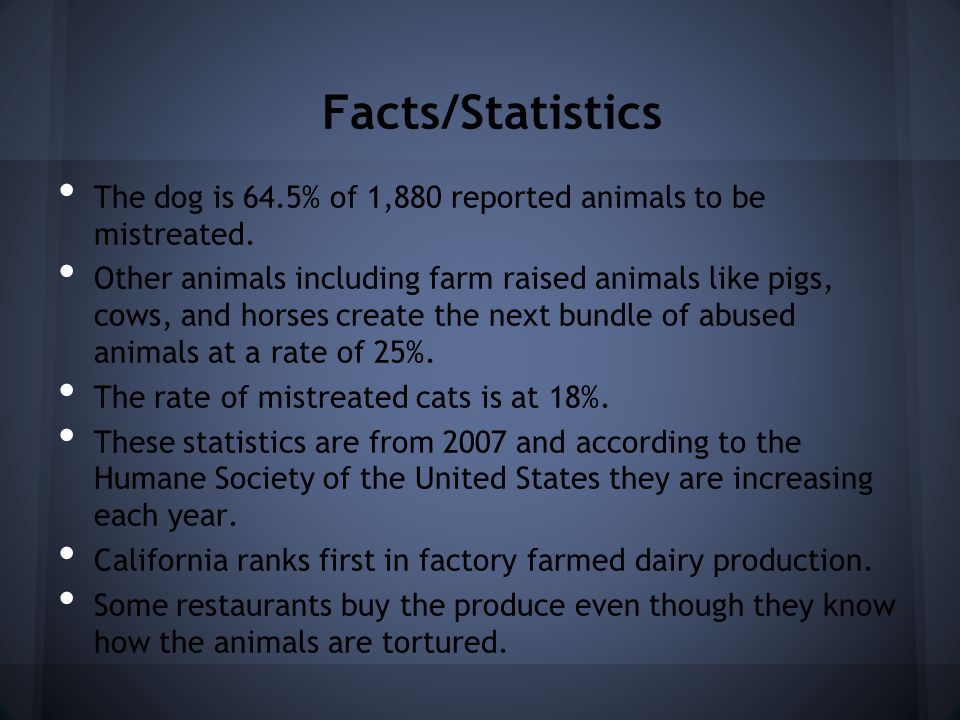Facts/Statistics The dog is 64.5% of 1,880 reported animals to be mistreated.