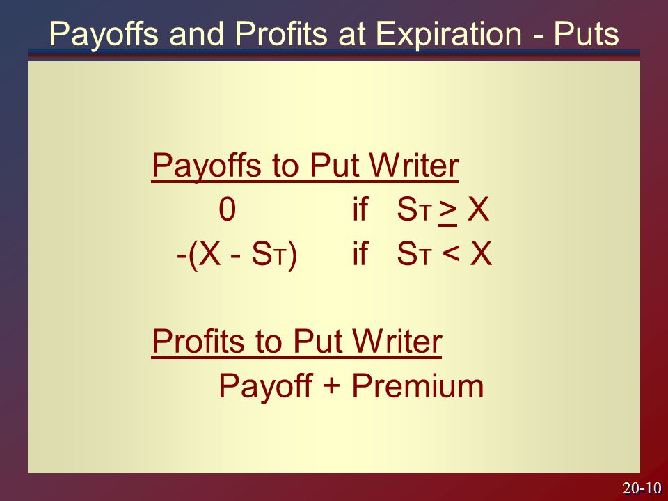 20-10 Payoffs to Put Writer 0if S T > X -(X - S T )if S T < X Profits to Put Writer Payoff + Premium Payoffs and Profits at Expiration - Puts
