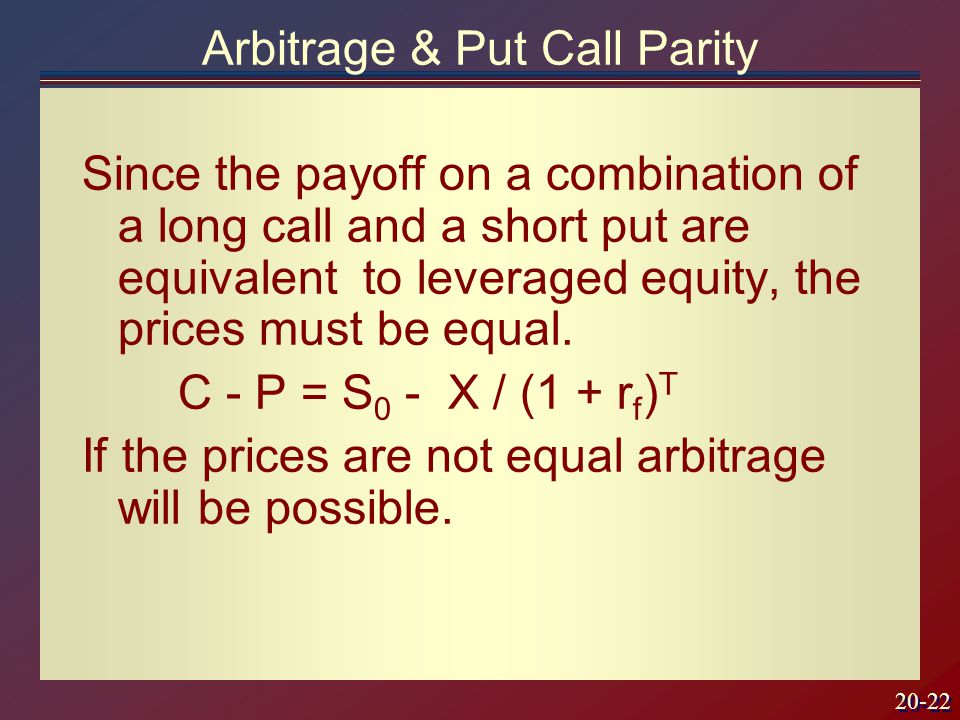 20-22 Since the payoff on a combination of a long call and a short put are equivalent to leveraged equity, the prices must be equal.