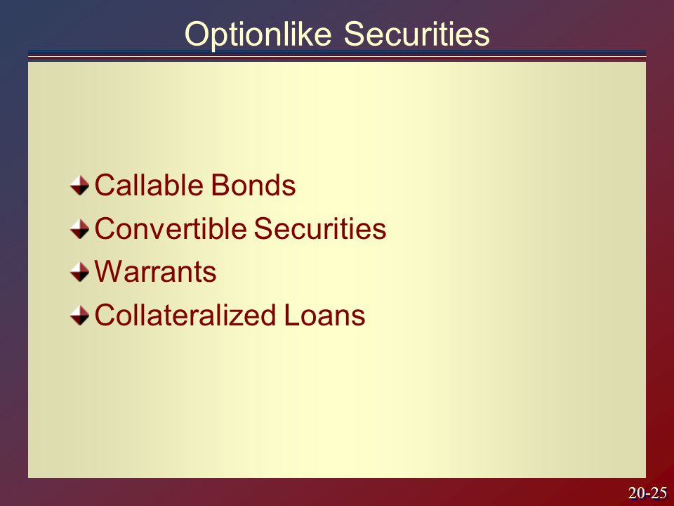 20-25 Optionlike Securities Callable Bonds Convertible Securities Warrants Collateralized Loans
