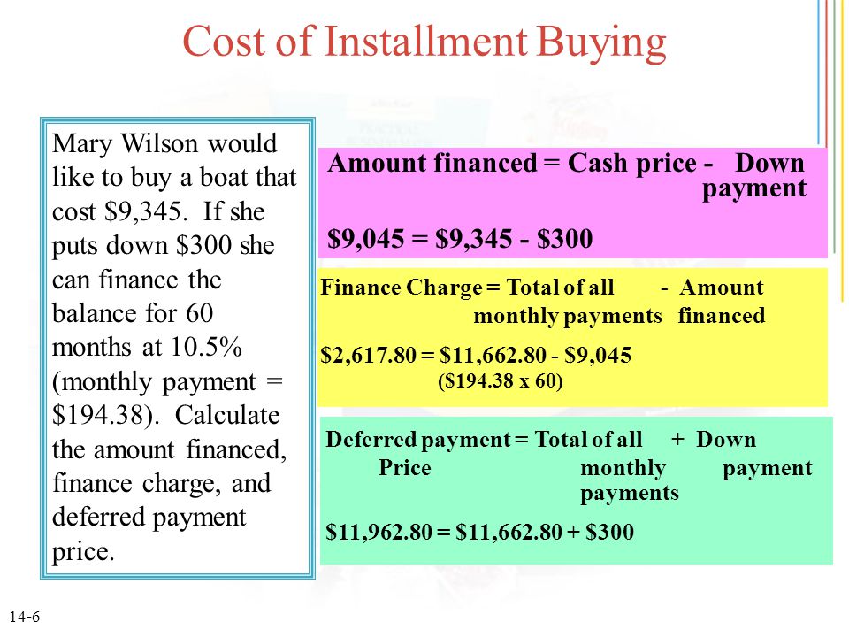 14-6 Cost of Installment Buying Mary Wilson would like to buy a boat that cost $9,345.