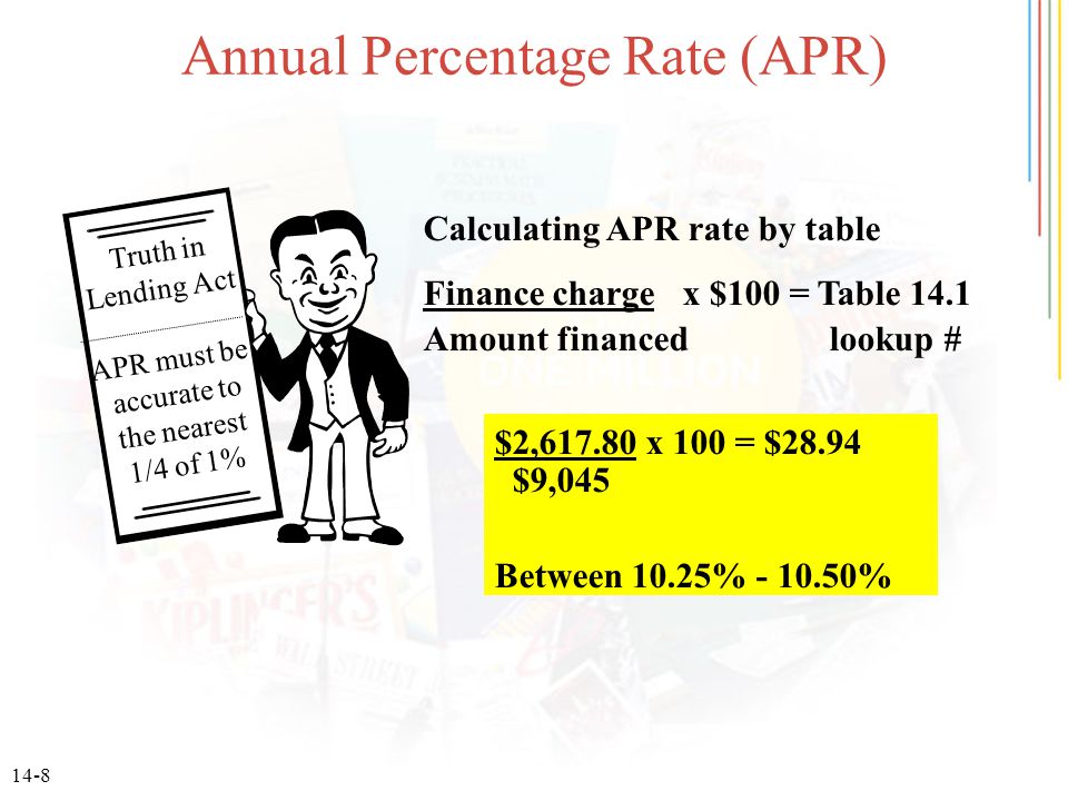 14-8 Annual Percentage Rate (APR) Calculating APR rate by table Finance charge x $100 = Table 14.1 Amount financed lookup # $2, x 100 = $28.94 $9,045 Between 10.25% % Truth in Lending Act APR must be accurate to the nearest 1/4 of 1%