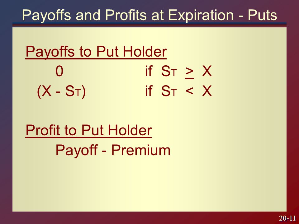 20-11 Payoffs to Put Holder 0if S T > X (X - S T ) if S T < X Profit to Put Holder Payoff - Premium Payoffs and Profits at Expiration - Puts