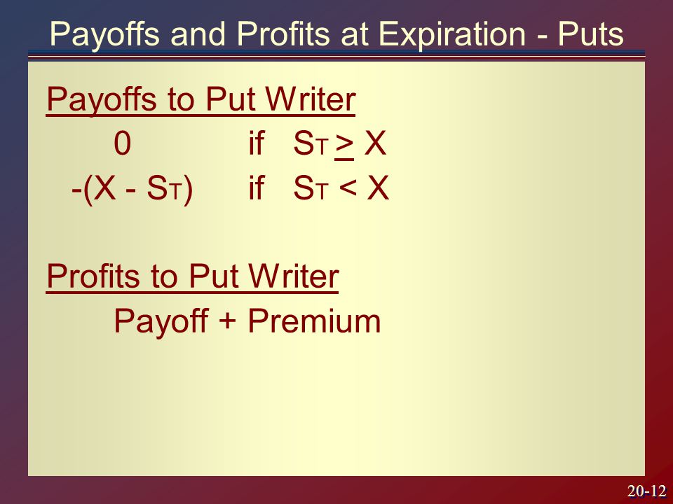 20-12 Payoffs to Put Writer 0if S T > X -(X - S T )if S T < X Profits to Put Writer Payoff + Premium Payoffs and Profits at Expiration - Puts