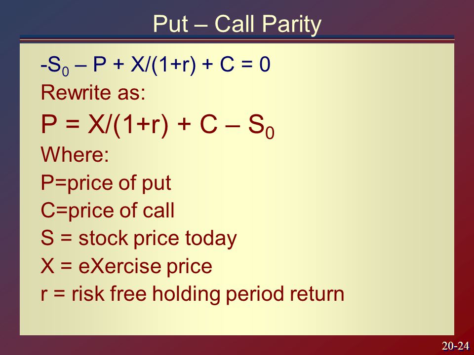 20-24 Put – Call Parity -S 0 – P + X/(1+r) + C = 0 Rewrite as: P = X/(1+r) + C – S 0 Where: P=price of put C=price of call S = stock price today X = eXercise price r = risk free holding period return