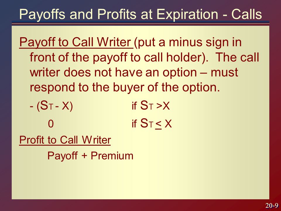 20-9 Payoff to Call Writer (put a minus sign in front of the payoff to call holder).