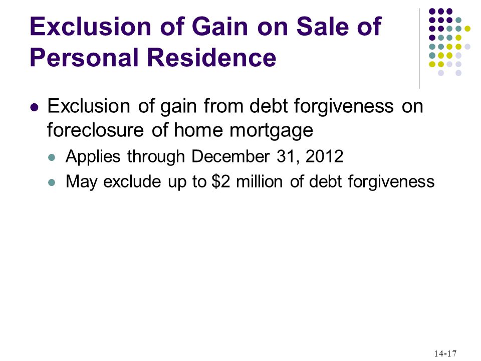 14-17 Exclusion of Gain on Sale of Personal Residence Exclusion of gain from debt forgiveness on foreclosure of home mortgage Applies through December 31, 2012 May exclude up to $2 million of debt forgiveness