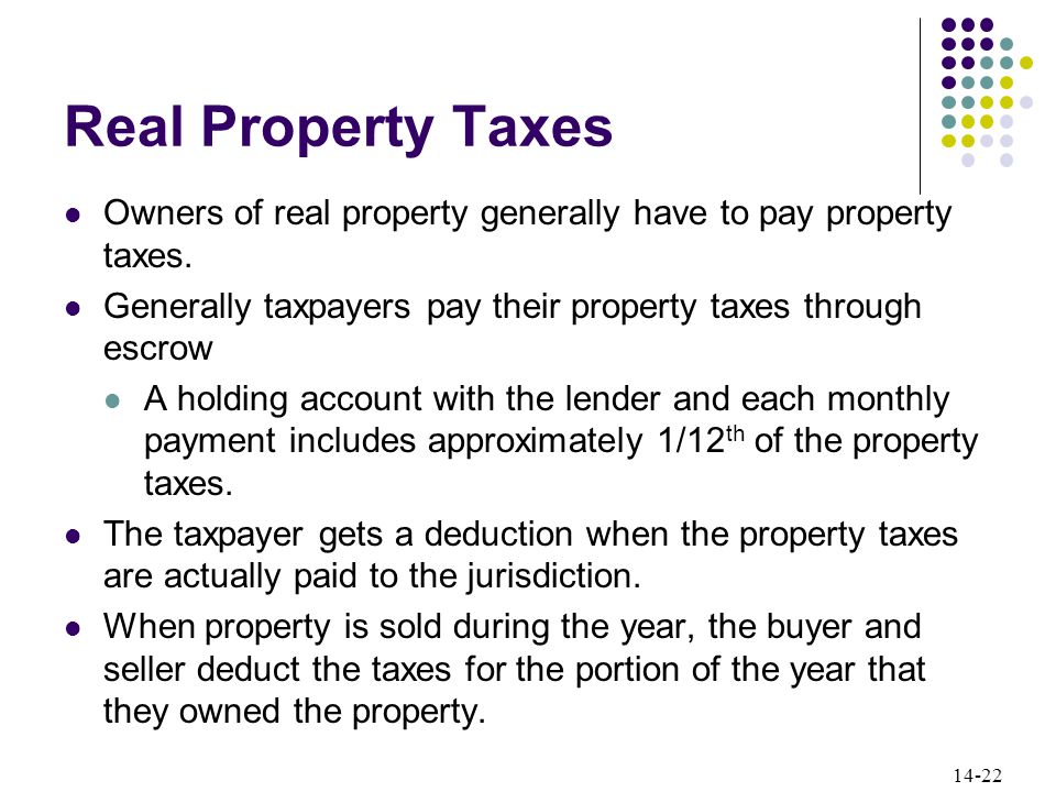 14-22 Real Property Taxes Owners of real property generally have to pay property taxes.