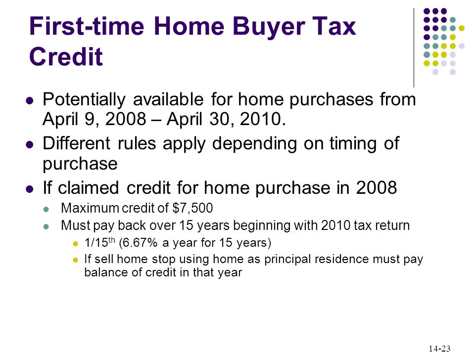 14-23 First-time Home Buyer Tax Credit Potentially available for home purchases from April 9, 2008 – April 30, 2010.
