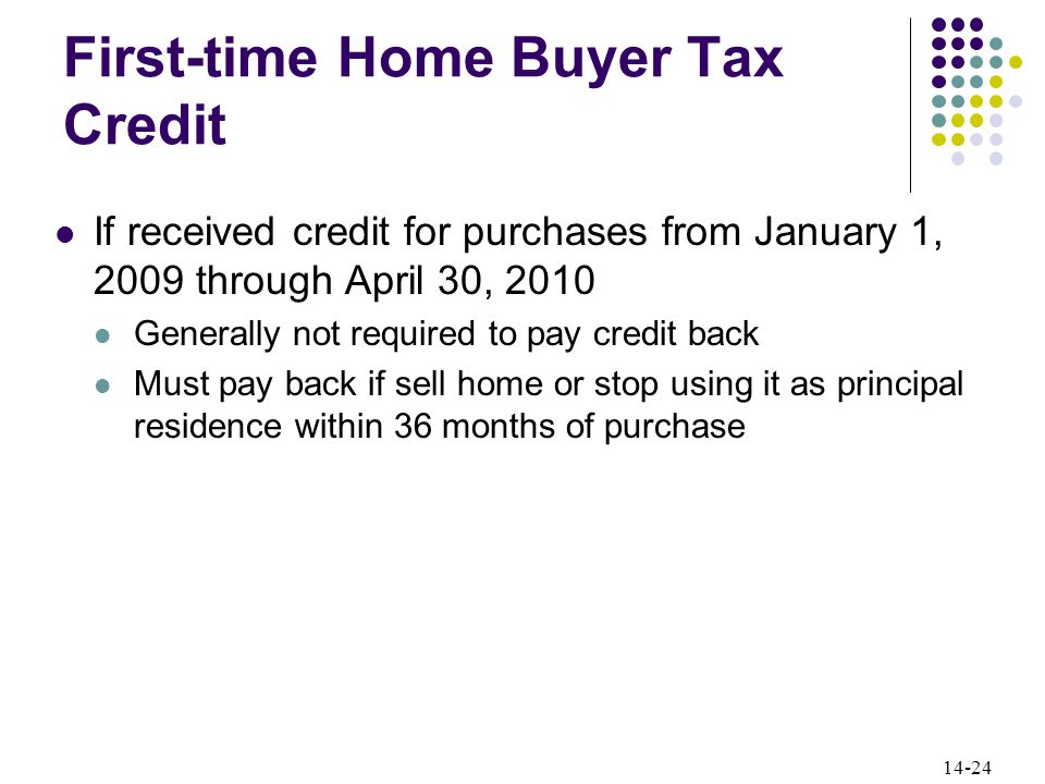 14-24 First-time Home Buyer Tax Credit If received credit for purchases from January 1, 2009 through April 30, 2010 Generally not required to pay credit back Must pay back if sell home or stop using it as principal residence within 36 months of purchase