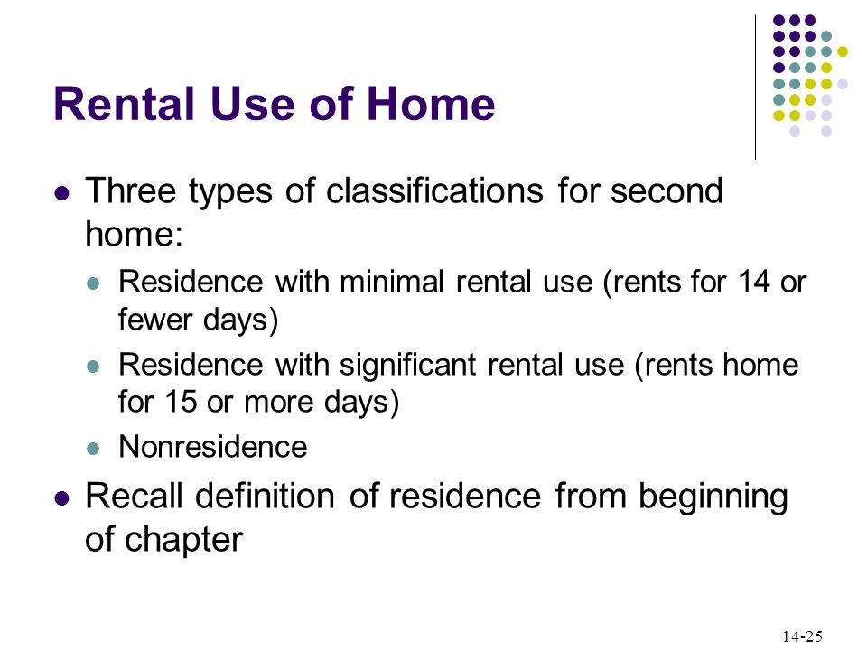 14-25 Rental Use of Home Three types of classifications for second home: Residence with minimal rental use (rents for 14 or fewer days) Residence with significant rental use (rents home for 15 or more days) Nonresidence Recall definition of residence from beginning of chapter