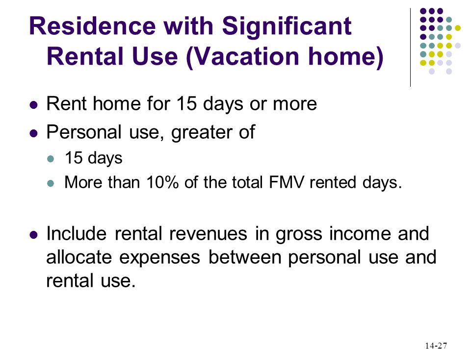14-27 Residence with Significant Rental Use (Vacation home) Rent home for 15 days or more Personal use, greater of 15 days More than 10% of the total FMV rented days.