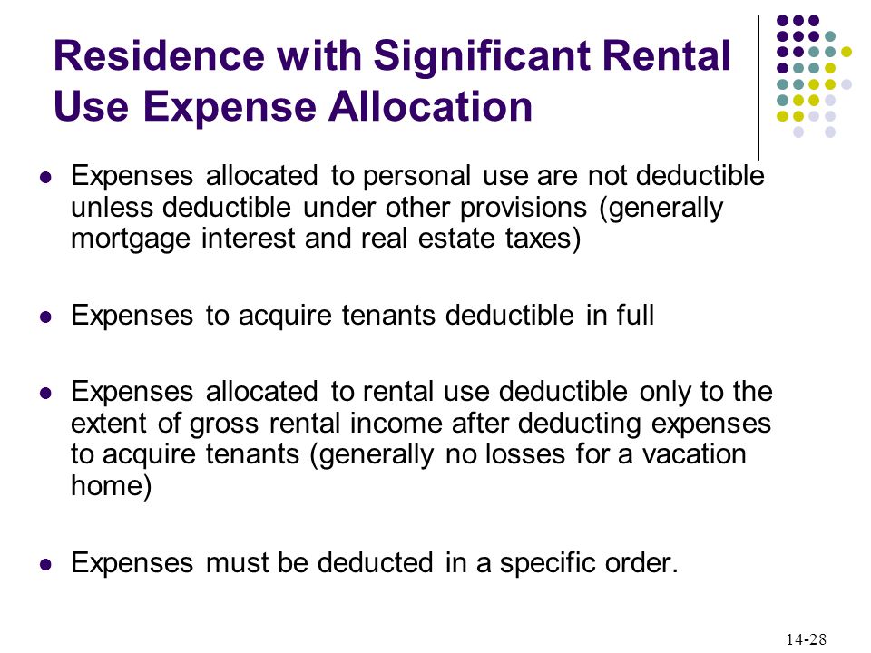 14-28 Residence with Significant Rental Use Expense Allocation Expenses allocated to personal use are not deductible unless deductible under other provisions (generally mortgage interest and real estate taxes) Expenses to acquire tenants deductible in full Expenses allocated to rental use deductible only to the extent of gross rental income after deducting expenses to acquire tenants (generally no losses for a vacation home) Expenses must be deducted in a specific order.