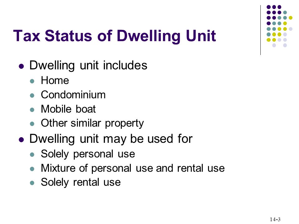 14-3 Tax Status of Dwelling Unit Dwelling unit includes Home Condominium Mobile boat Other similar property Dwelling unit may be used for Solely personal use Mixture of personal use and rental use Solely rental use