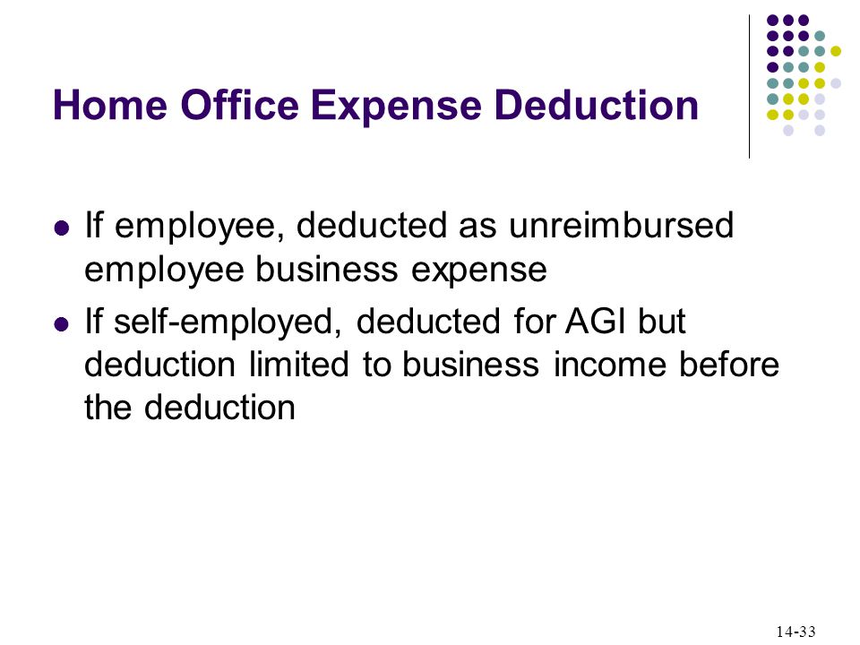14-33 Home Office Expense Deduction If employee, deducted as unreimbursed employee business expense If self-employed, deducted for AGI but deduction limited to business income before the deduction