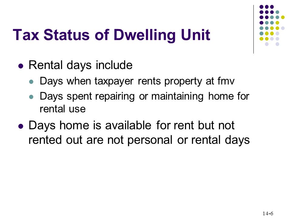 14-6 Tax Status of Dwelling Unit Rental days include Days when taxpayer rents property at fmv Days spent repairing or maintaining home for rental use Days home is available for rent but not rented out are not personal or rental days