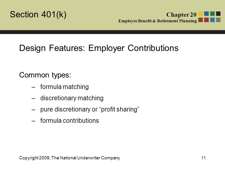 Section 401(k) Chapter 20 Employee Benefit & Retirement Planning Copyright 2009, The National Underwriter Company11 Design Features: Employer Contributions Common types: –formula matching –discretionary matching –pure discretionary or profit sharing –formula contributions