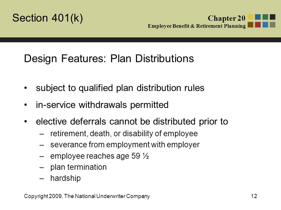 Section 401(k) Chapter 20 Employee Benefit & Retirement Planning Copyright 2009, The National Underwriter Company12 Design Features: Plan Distributions subject to qualified plan distribution rules in-service withdrawals permitted elective deferrals cannot be distributed prior to –retirement, death, or disability of employee –severance from employment with employer –employee reaches age 59 ½ –plan termination –hardship