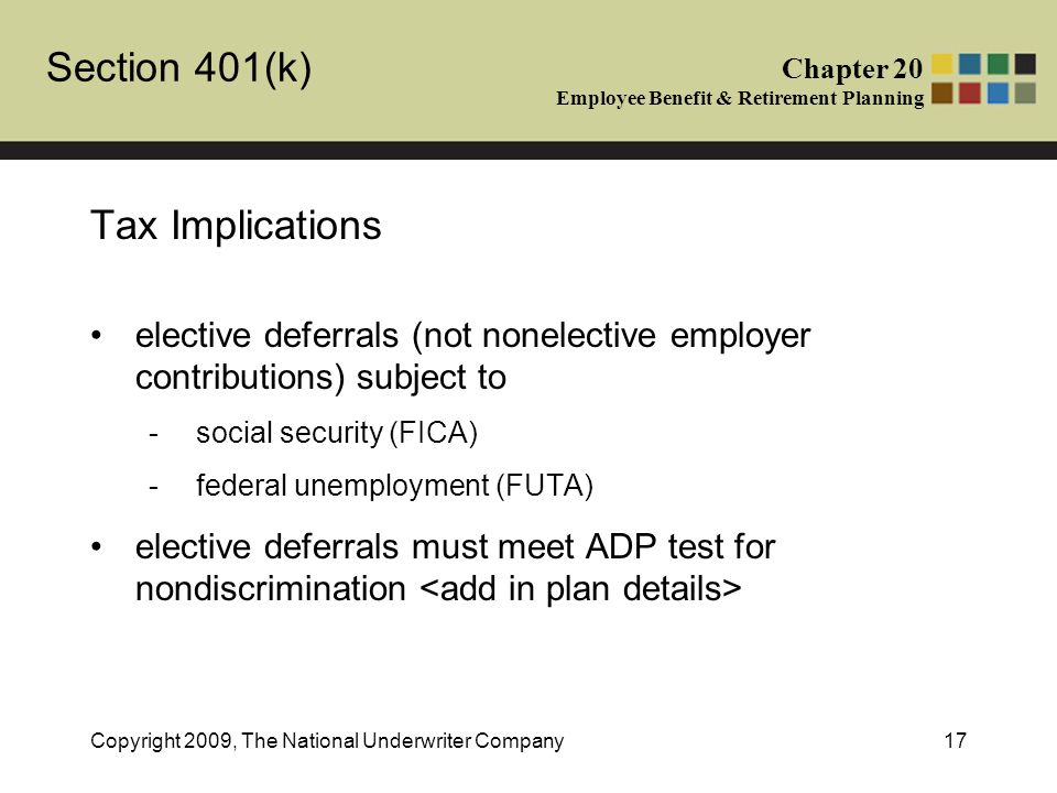 Section 401(k) Chapter 20 Employee Benefit & Retirement Planning Copyright 2009, The National Underwriter Company17 Tax Implications elective deferrals (not nonelective employer contributions) subject to -social security (FICA) -federal unemployment (FUTA) elective deferrals must meet ADP test for nondiscrimination