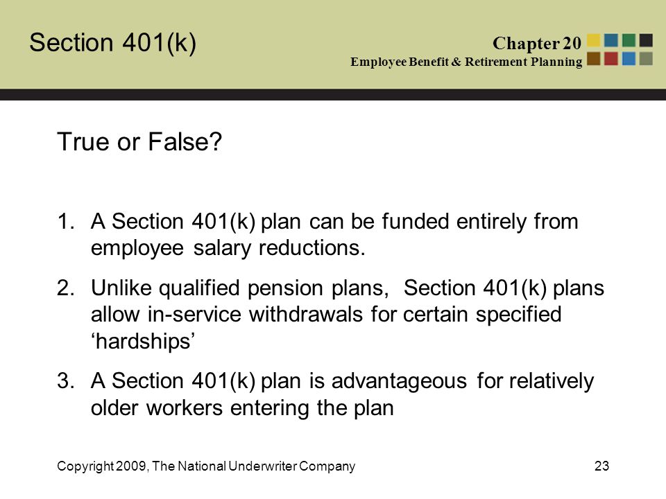 Section 401(k) Chapter 20 Employee Benefit & Retirement Planning Copyright 2009, The National Underwriter Company23 True or False.