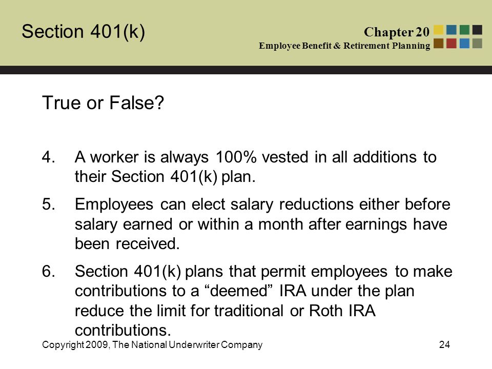 Section 401(k) Chapter 20 Employee Benefit & Retirement Planning Copyright 2009, The National Underwriter Company24 True or False.