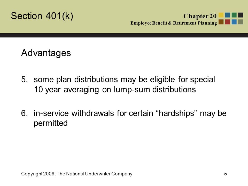 Section 401(k) Chapter 20 Employee Benefit & Retirement Planning Copyright 2009, The National Underwriter Company5 Advantages 5.some plan distributions may be eligible for special 10 year averaging on lump-sum distributions 6.in-service withdrawals for certain hardships may be permitted