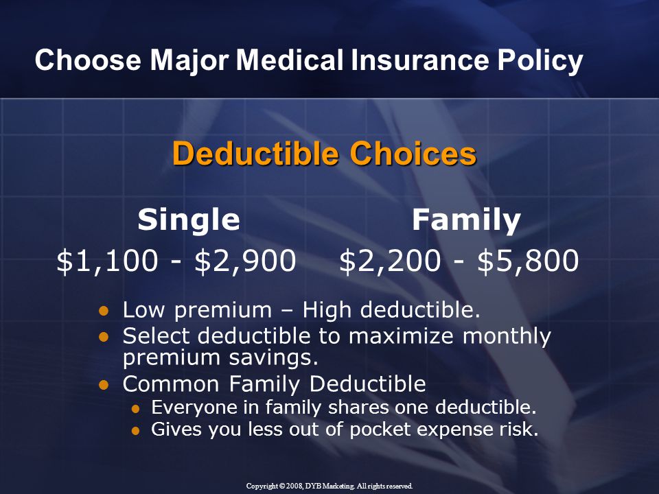 Single Family $1,100 - $2,900 $2,200 - $5,800 Low premium – High deductible.