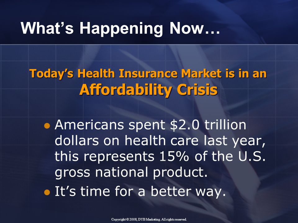 What’s Happening Now… Americans spent $2.0 trillion dollars on health care last year, this represents 15% of the U.S.