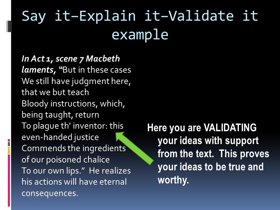 Say it–Explain it–Validate it example Here you are VALIDATING your ideas with support from the text.