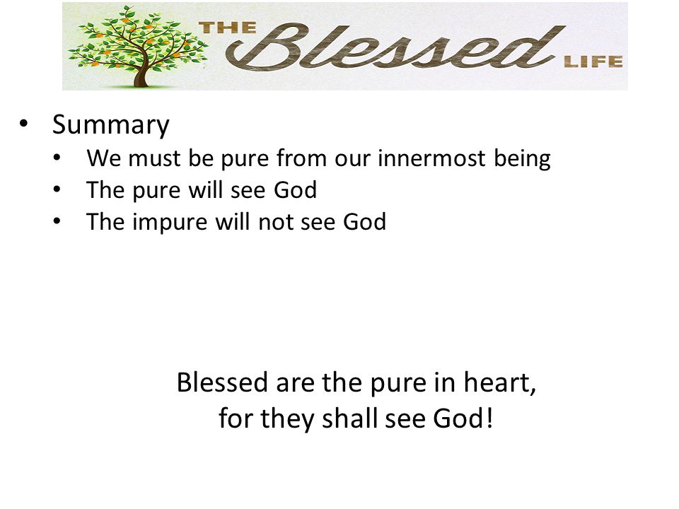Summary We must be pure from our innermost being The pure will see God The impure will not see God Blessed are the pure in heart, for they shall see God!