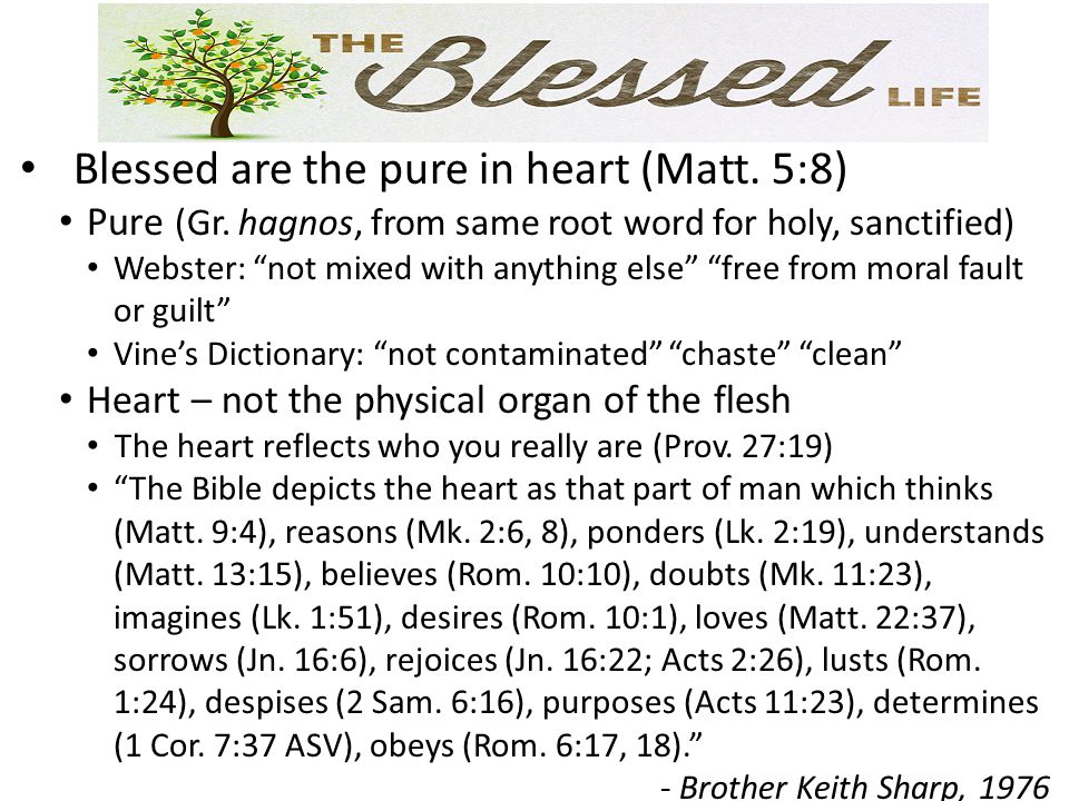Blessed are the pure in heart (Matt. 5:8) Pure (Gr.
